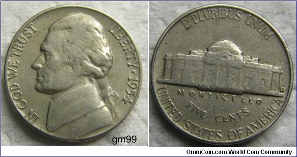 THOMAS JEFFERSON NICKEL, 5 CENTS. 1954D,Mintmark: D (for Denver) to the right of the building on the reverse