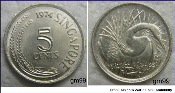 5 Cents (Copper-Nickel) OBVERSE: Sprigs to left of value,
 date SINGAPORE 5 CENTS
REVERSE: Great White Egret,
No legend