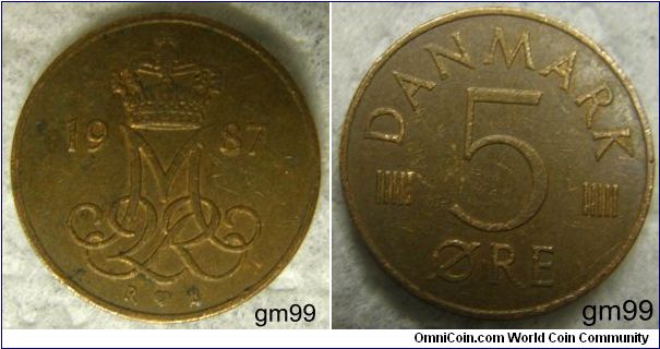 5 Ore (Copper Clad Iron) : 1982-1988
OBVERSE: Crowned monogram, Mintmasters initital: R, Moneyers initial: B,
date separated by monogram
REVERSE: 5 vertical lines left and right of value,
DANMARK 5 ORE
