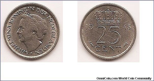 25 Cents
KM#178
3.0000 g., Nickel, 19 mm. Ruler: Wilhelmina I Obv: Head left
Rev: Crowned value divides date Edge: Reeded