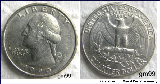 GEORGE WASHINGTON QUARTER DOLLAR, 25 CENTS. 1990D,Mintmark: D (for Denver, CO) on the obverse just right of the ribbon