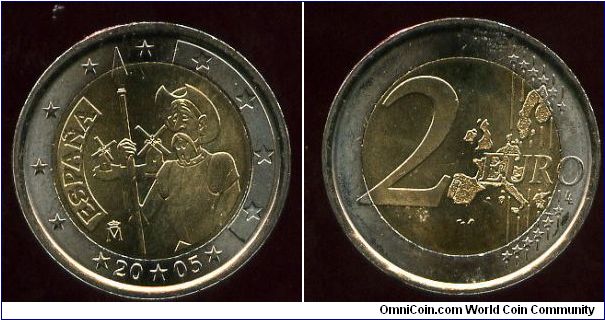 2 euro 
Centenary of the 1st edition of 'Miguel de Cervantes' El ingenioso hidalgo Don Quixote de la Mancha
 Don Quixote holding a lance, with the windmill in the background
Map of the community