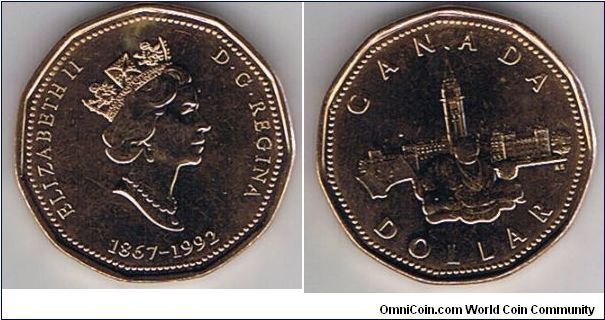 $1 Commemorative Loonie , reverse shows three children facing parliament buildings in Ottawa, Canada. Obverse double dated 1867-1992.