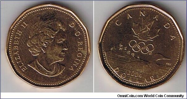 $1 Lucky Loonie, reverse features Canadian Olympic Committee symbol above the loon.