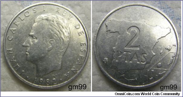 2 Pesetas (1982,1984),Bare head of Juan Carlos left,
 JUAN CARLOS I REY DE ESPANA 1982