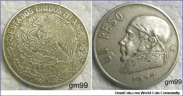 PESO, NATIONAL ARMS, EAGLE LEFT.REVERSE: Jose Morelos y Pavon wearing kerchief on head left,
UN PESO date