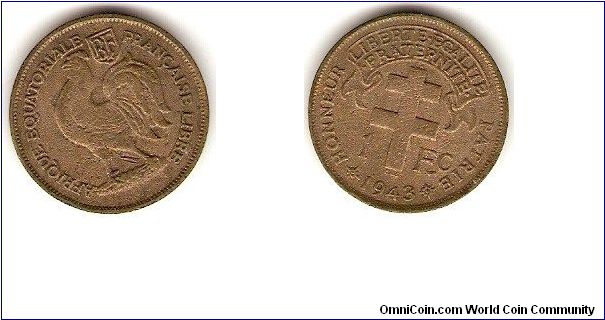 French Equatorial Africa 1 franc bronze the word libre (free) was added to confirm the territory was ruled by the Free French of general De Gaulle and not by the Vichy government