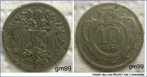 10 Heller (Nickel) : 1892-1911
Obverse: Crowned double-headed eagle,
No Legend
Reverse: Legend in border,
10 date