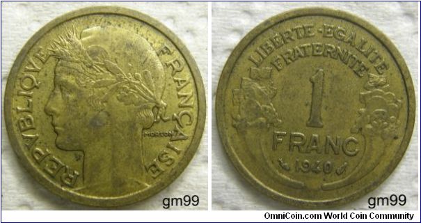1 Franc (Aluminum-Bronze) : 1931-1941
Obverse: Liberty facing left,
REPUBLIQVE FRANCAISE
Reverse: Legend between two cornucopiae,
LIBERTE EGALITE FRATERNITE 1 FRANC date
