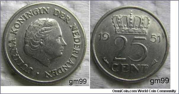 25 Cents (Nickel) : 1950-1980
OBVERSE: Queen Juliana right,
JULIANA KONINGIN DER NEDERLANDEN
REVERSE: Crown over legend,
 date 25 CENT