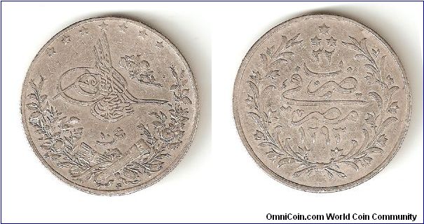 10 Korsh silver (half a majeedieh)in the Reign of Sultan Abdulhameed minted in Egypt.