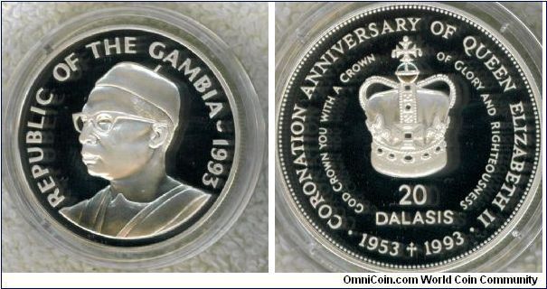 KM 32   20 DALASIS SILVER celebrating the 40th anniversary of the coronation of Queen Elizabeth II.  Mintage: 25,000