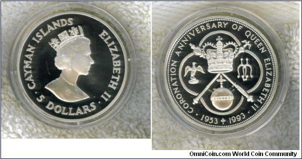 KM 112 SILVER FIVE DOLLAR PROOF celebrating the 40th anniversary of the coronation of Queen Elizabeth II.  Mintage:  10,000