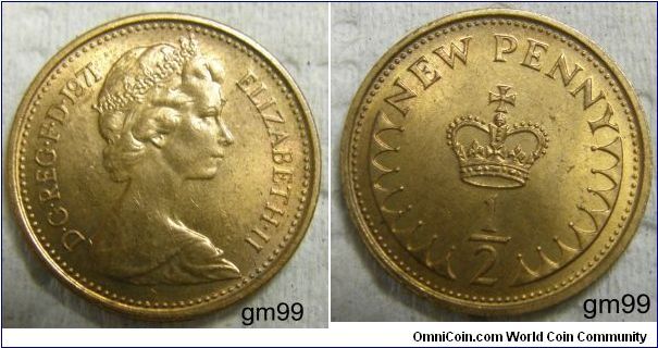 1/2 New Penny. QUEEN ELIZABETH II, FACE RIGHT. REVERSE: NEW PENNY, CROWN IN CENTER, 1/2