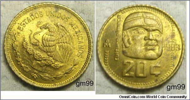 20 Centavos (1983-1984), SUBJECT:
OLMEC CULTURE. OBVERSE: NATIONAL ARMS, EAGLE LEFT. MASK 3/4 RIGHT, VALUE BELOW.
The Olmec were an ancient Pre-Columbian people living in the tropical lowlands of south-central Mexico.The Olmec flourished during the Formative (or Preclassic) period, dating from 1200 BCE to about 400 BCE.