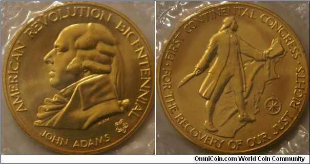 bicentennial commemorative medal and first day cover. Obverse - John Adams. Reverse - Representation of the 1st Continental Congress in 1774, 37 mm