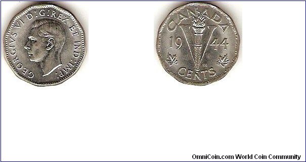 5 cents
George VI
12-sided
Chromium plated steel
Victory