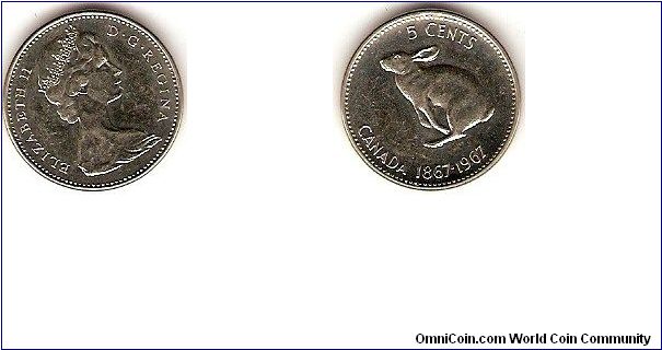 5 cents
Elizabeth II
effigy by Arnold Machin
confederation centennial
copper-nickel