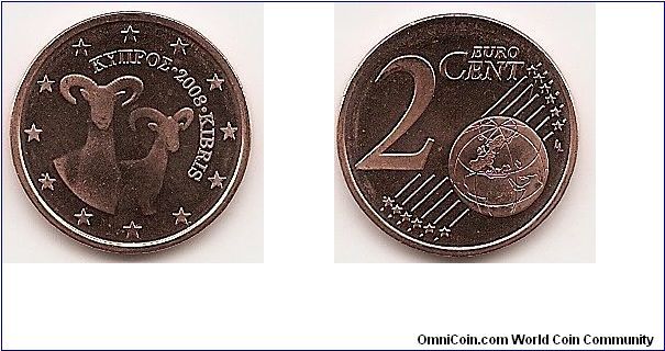 2 Euro cents
KM#79
3.0300 g., Copper Plated Steel, 18.70 mm. Obv: Two Mouflons
Rev: Large value at left, globe at lower right Edge: Plain