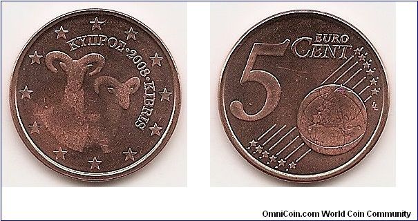 5 Euro cents
KM#80
3.8600 g., Copper Plated Steel, 21.20 mm. Obv: Two Mouflons
Rev: Large value at left, globe at lower right Edge: Plain