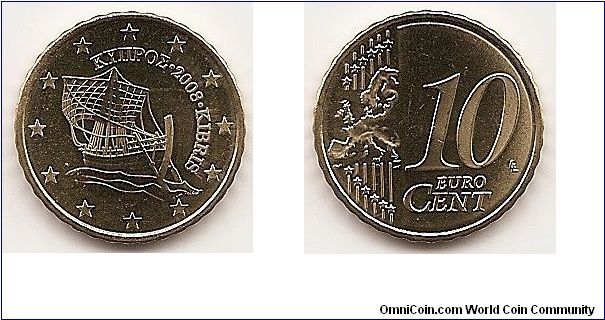 10 Euro cents
KM#81
4.0700 g., Brass, 19.70 mm. Obv: Early sailing boat Rev:
Modified outline of Europe at left, large value at right