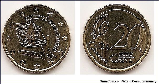 20 Euro cents
KM#82
5.7300 g., Brass, 22.10 mm. Obv: Early sailing boat Rev: Modified
outline of Europe at left, large value at right Edge: Notched