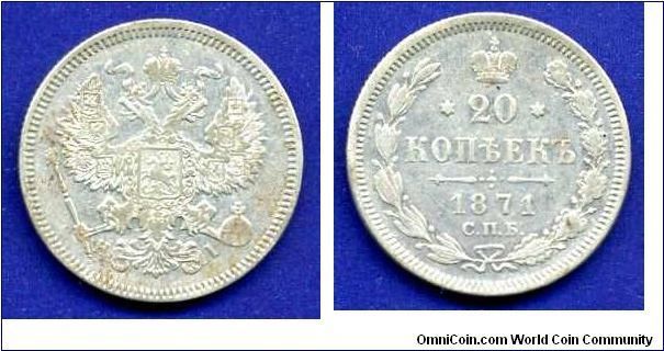 20 kopeeks.
Alexander II (1855-1881).
SPB mint.


Ag500f. 3,6gr.