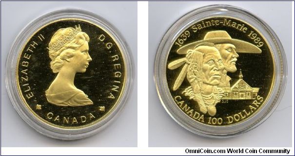 $100 14k gold coin. Commemorating the 350th anniversary of Sainte-Marie among the Hurons