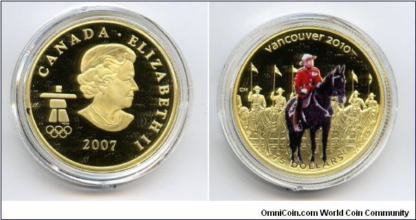 $75 14k gold coin. 'Royal Canadian Mounted Police'.First ever coloured gold coin issued by the Royal Canadian Mint, a scarlet clad Mountie on horseback.
1/9 of 2010 Olympic coloured gold coin series.