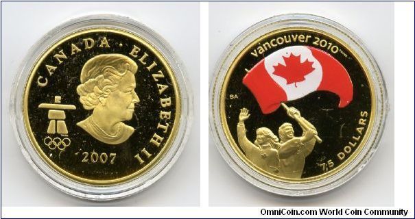 $75 14k gold coin. Athletes Pride, features Canadian flag on reverse.
2/9 of 2010 Olympic coloured gold coin series.