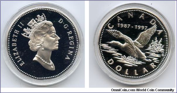 $1 Silver Proof. 10th anniversary of $1 'Loonie' circulation coin.
