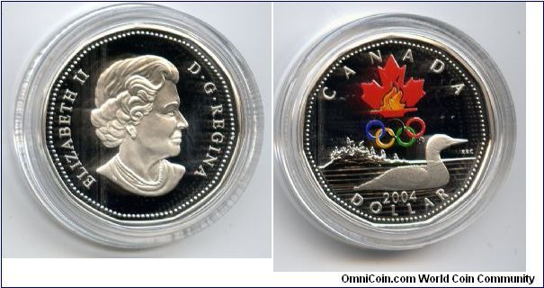 $1 Sterling silver Lucky Loonie.
Reverse features a coloured Canadian Olympic Committee symbol above the loon.
