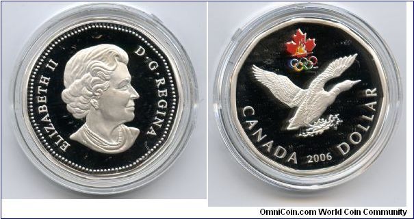 $1 Sterling silver Lucky Loonie.
Reverse features a coloured Canadian Olympic Committee symbol above a flying loon.