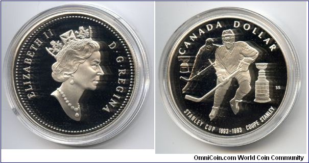 Silver Dollar.
Marks the 100th anniversary of the Stanley Cup which is now awarded for hockey supremecy in the NHL. Reverse features a hockey player flanked by an image of the cups early days and how it looks today.