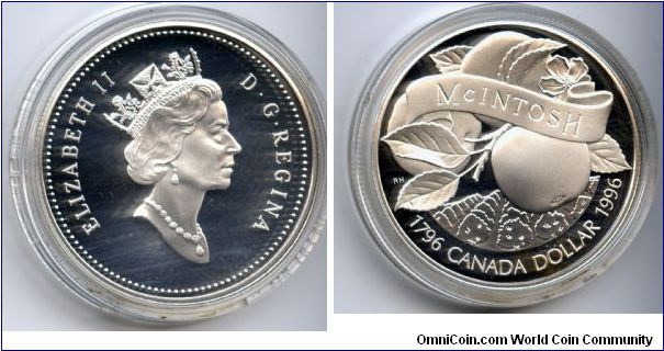 Silver Dollar.
Celebrates the discovery of the McIntosh apple by John McIntosh who discovered the original tree after immigrating to Canada in 1796.
