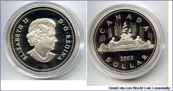 Silver Dollar.
Special edition with the 4th effigy of the Queen. Commemorates the the 50th anniversary of the Coronation of Queen Elizabeth II, with the reverse honouring the 'Voyageurs' design of Canada's first circulation silver dollar.