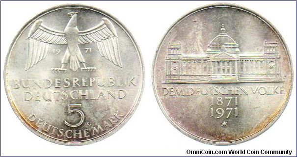 1971 5 Mark - Commemorating the centennial of the establishment of the German Reich