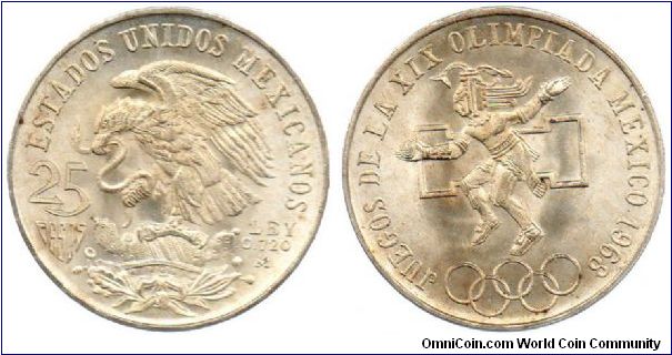 1968 Mexico 25 Pesos - Mexico Olympics - Aztec athlete.