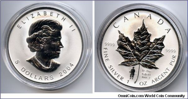 $5 Silver Maple Leaf. 
D Day privy mark.
Commemorates the 60th anniversary of the landing in Europe by allied troops on June 6, 1944.