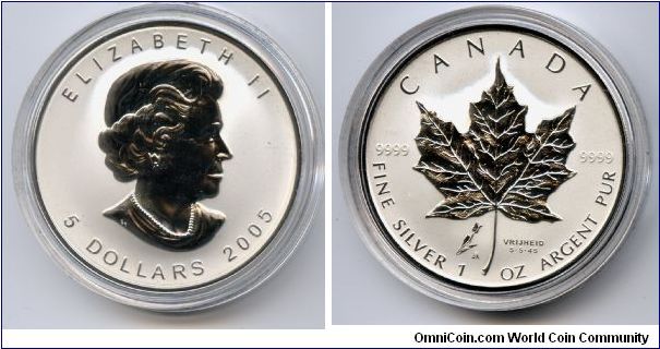 $5 Silver Maple Leaf.
Commemorates the liberation of Holland during WWII. Often referred to as 'Tulip Privy' the coin actually has three privy marks, a first for the Royal Canadian Mint, a tulip, the Dutch mint mark and the date of liberation.