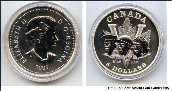$5 Fine Silver.

Celebrates the 60th anniversary of the end of the Second World War. Reverse is double dated 1945 & 2005 & features 3 service men representing the 3 branches of the military, Navy, Army & Air Force with a maple leaf covering a large 'V' in the back.