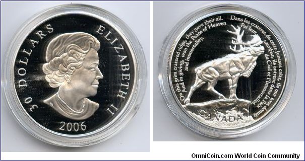 $30 Sterling Silver.

Beaumont-Hamel Newfoundland Memorial.
Reverse depicts the large bronze caribou, emblem of the Royal Newfoundland Regiment, that stands at this site near the town of Albert in the Somme region of France.