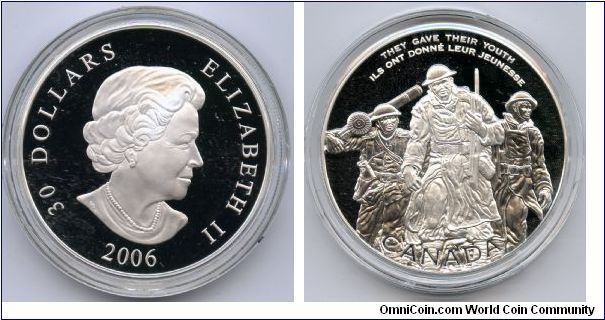 $30 Sterling Silver.

Canada's National War Memorial.

Reverse depicts some of the twenty two 8 foot tall bronze figures that comprise the memorial, rising from Confederation Square in Ottawa