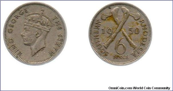 1950 Southern Rhodesia 6 pence