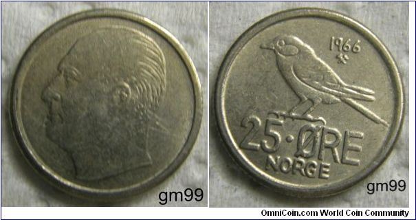 25 Ore (Copper-Nickel) : 1958-1973
Obverse: Bare head of Olav V left,
 No Legend
Reverse: Bird standing left,
 date 25 ORE NORGE