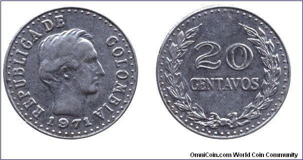 Colombia, 20 centavos, 1971, Ni-Steel, Francisco de Paula Santander.                                                                                                                                                                                                                                                                                                                                                                                                                                                