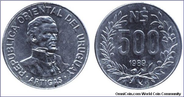 Uruguay, 500 new pesos, 1989, Steel, Artigas.                                                                                                                                                                                                                                                                                                                                                                                                                                                                       