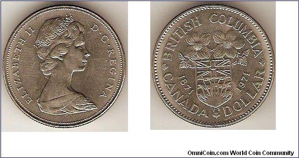 1 dollar
Elizabeth II
British Columbia centennial 1871-1971
nickel