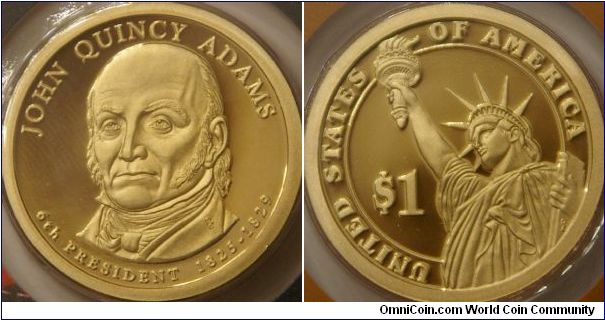 6th presidential dollar series, John Quincy Adams, son of 2nd president.  26.5 mm, Manganese-Brass (Cu, Zn, Mn, Ni)