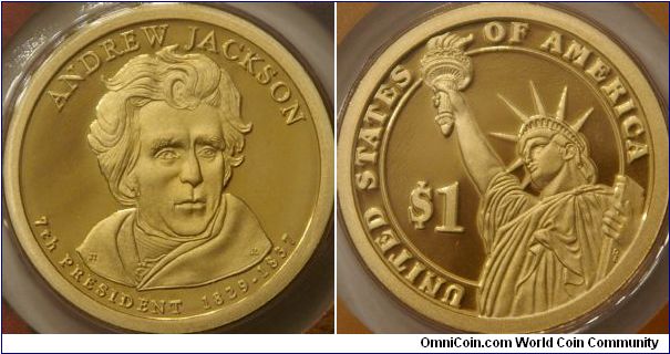 7th presidential dollar, Andrew Jackson, famous for his command at the Battle of New Orleans.   26.5 mm, Manganese-Brass (Cu, Zn, Mn, Ni)